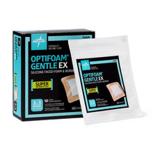 Load image into Gallery viewer, 100/CS Optifoam Gentle EX Bordered Foam Dressings in Educational Packaging, 3" x 3"
