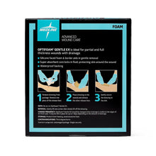 Load image into Gallery viewer, 100/CS Optifoam Gentle EX Bordered Foam Dressings in Educational Packaging, 4" x 4"