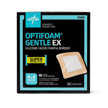 Load image into Gallery viewer, 100/CS Optifoam Gentle EX Bordered Foam Dressings in Educational Packaging, 4" x 4"