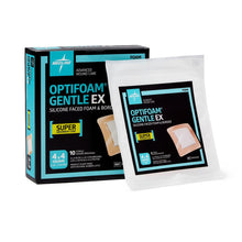 Load image into Gallery viewer, 100/CS Optifoam Gentle EX Bordered Foam Dressings in Educational Packaging, 4" x 4"