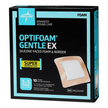 Load image into Gallery viewer, 100/CS Optifoam Gentle EX Bordered Foam Dressings in Educational Packaging, 5" x 5"