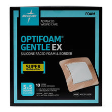 Load image into Gallery viewer, 100/CS Optifoam Gentle EX Bordered Foam Dressings in Educational Packaging, 5" x 5"
