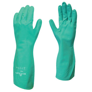 Flock-Lined Nitrile Disposable Gloves, Gauntlet Cuff, Size 7/Small, Green