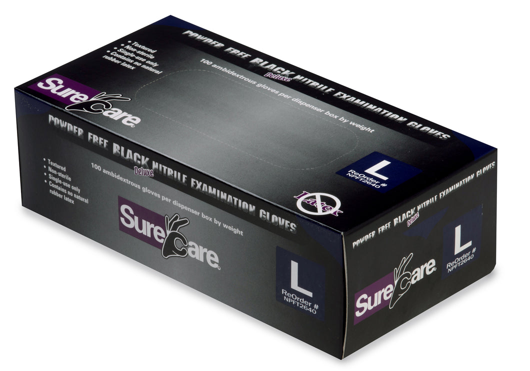 1000/case SureCare Deluxe Powder Free Black Nitrile Disposable Exam Gloves