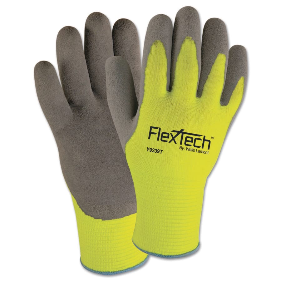 Flextech Hi-Visibility Knit Thermal Gloves W/Latex Palm, 2X-Large, Gray/Green
