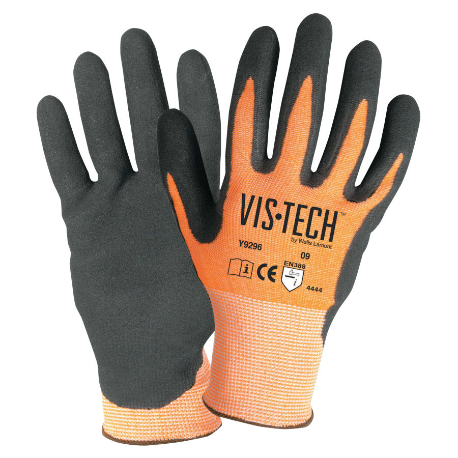 Vis-Tech Cut-Resistant Gloves With Nitrile Coated Palm, 2X-Large, Orange/Black