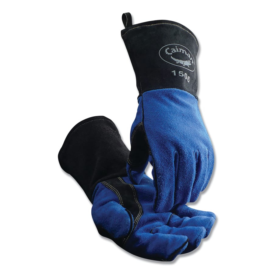 1506 Cow Split Fleece Lined MIG/STICK Welding Gloves, Large, Blue/Graphite, 4 In Gauntlet Cuff