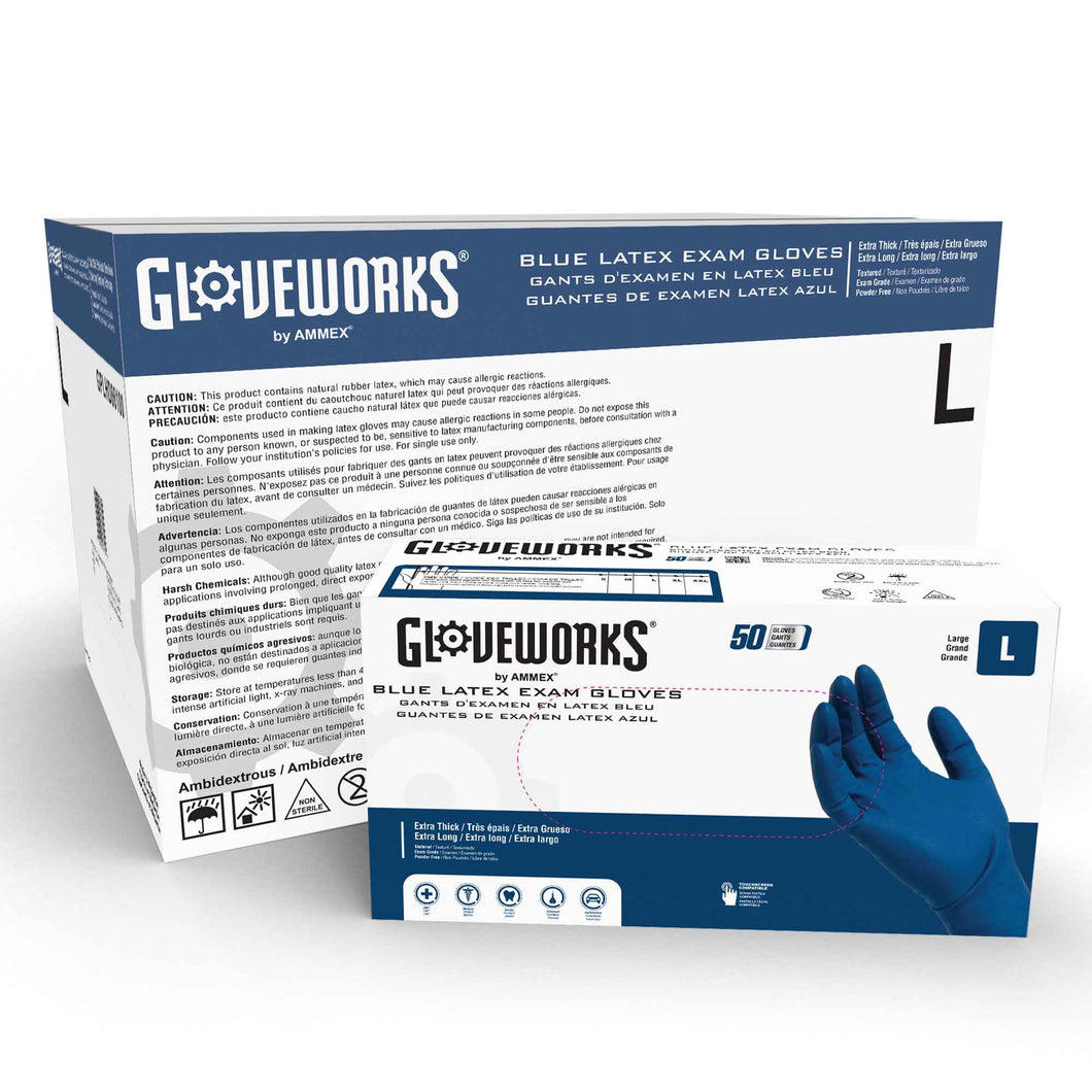 500/case Gloveworks Blue Latex Exam Powder Free Disposable Gloves