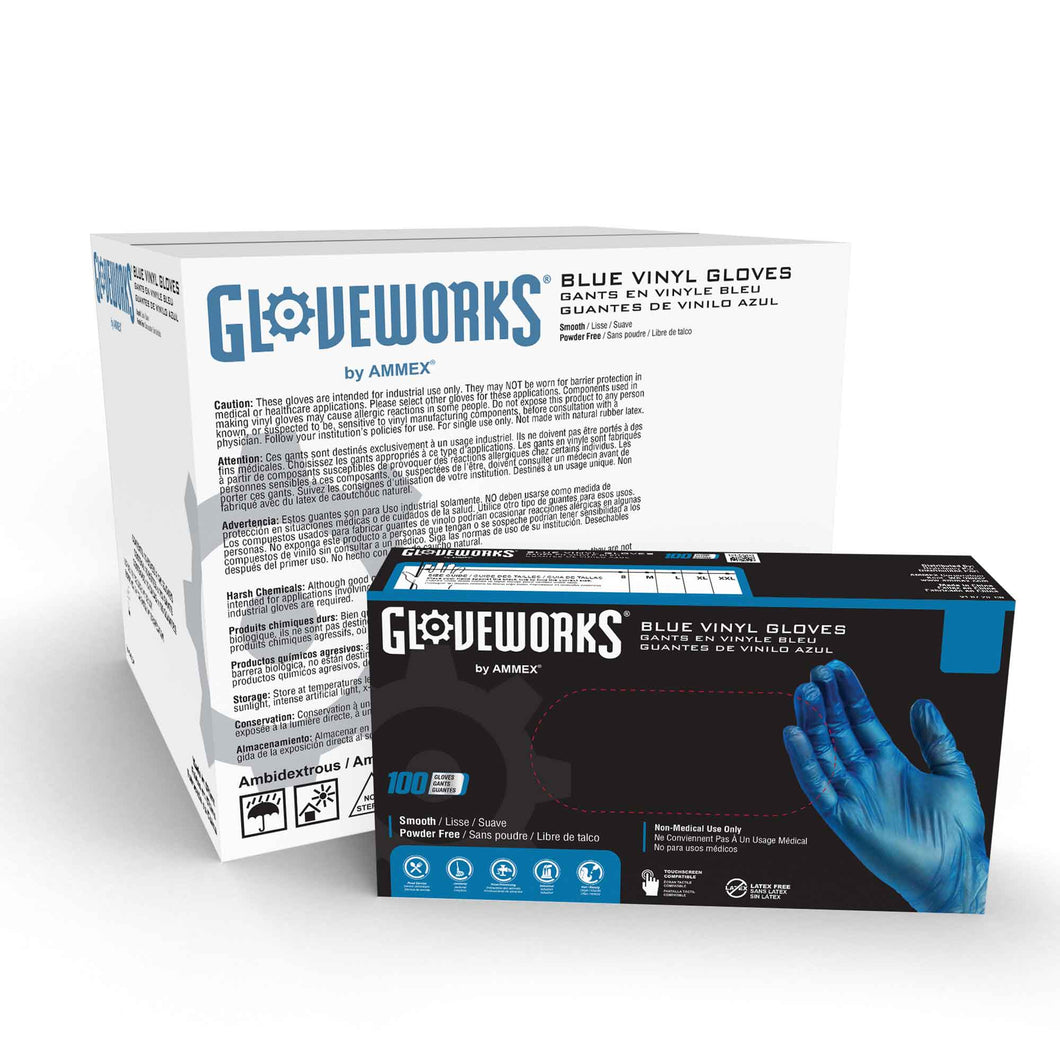 1000/case Gloveworks Blue Vinyl Industrial Latex Free Disposable Gloves