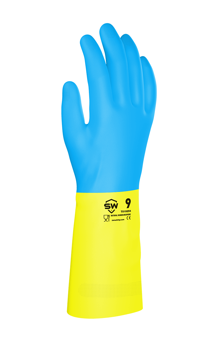144 Pairs/CS CORESAFE® F28YB Natural Rubber & Neoprene Chemical-Resistant Gloves Flock-Lined